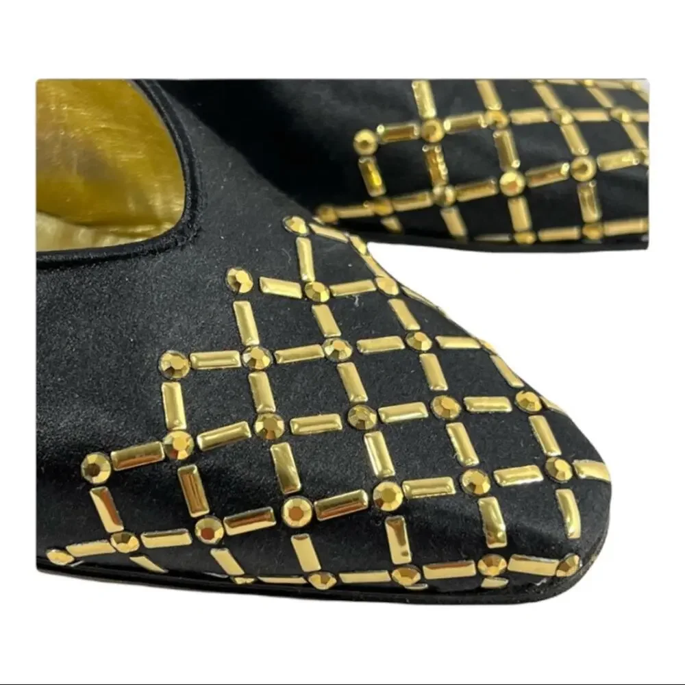 ST JOHN BLACK Vintage Satin Evening Shoes with Gold lattice design on Toe SZ 7